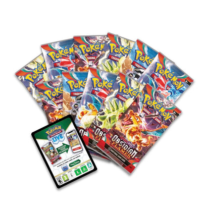 Collection of Pokémon trading card game packs with a smartphone displaying the game interface.