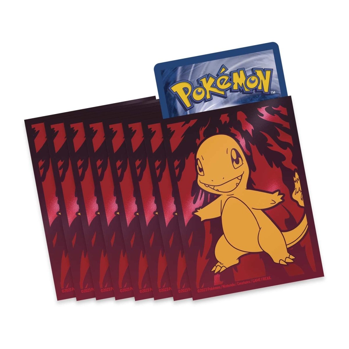 Pokémon trading card with Charmander on a red background, surrounded by multiple identical cards.