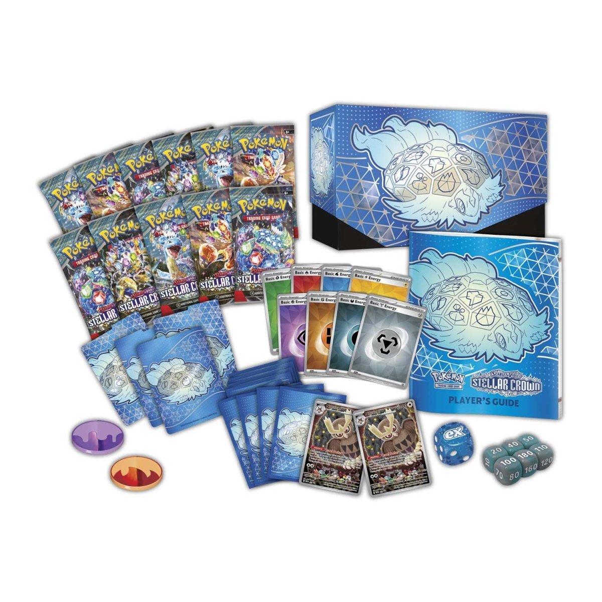 Collection of trading cards and game components on a white background