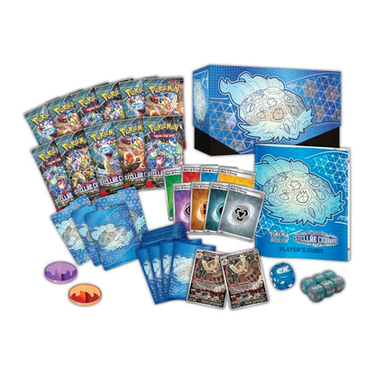 Collection of trading cards and game components on a white background