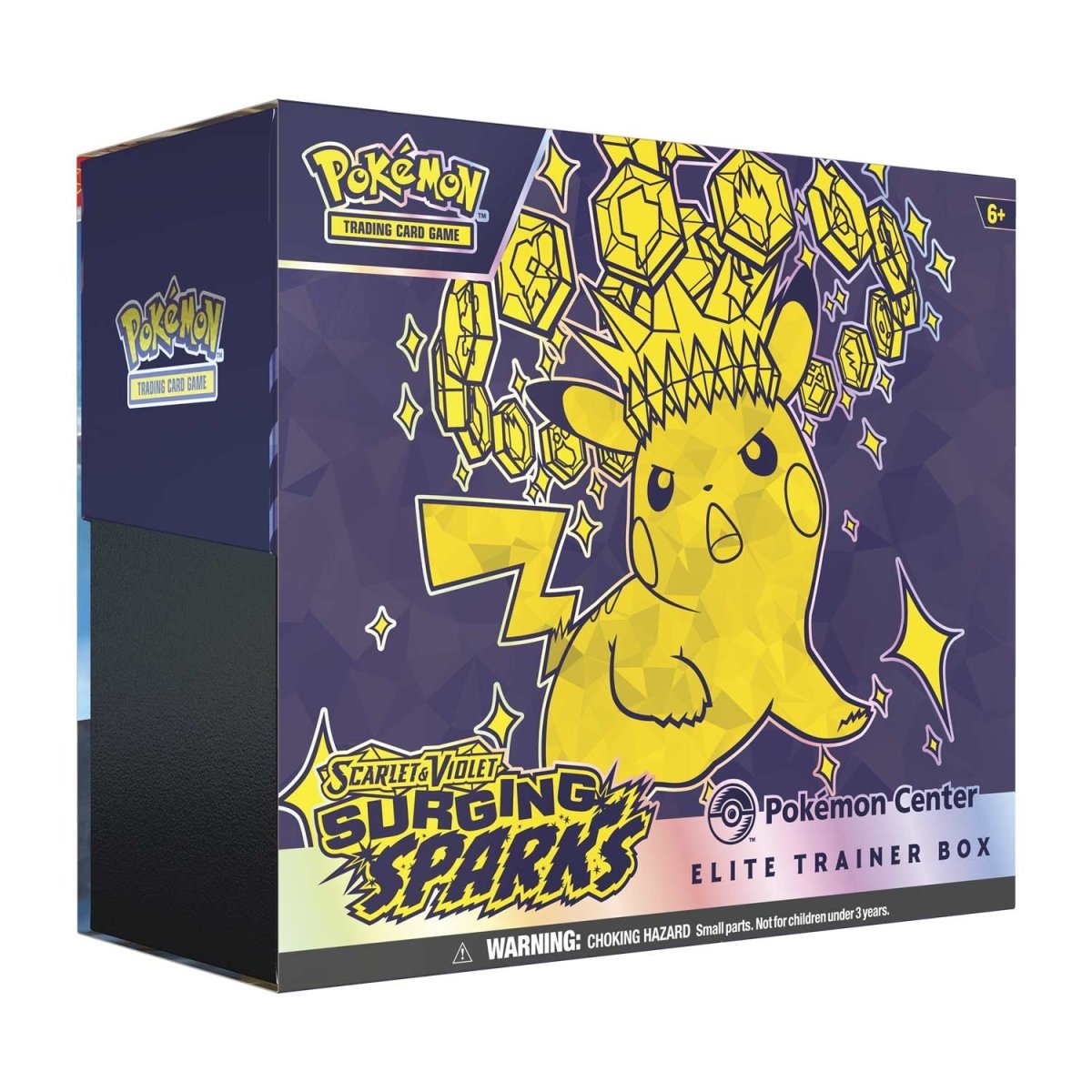 Pokémon trading card game Elite Trainer Box packaging with Pokémon character on a purple background