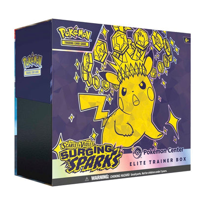 Pokémon trading card game Elite Trainer Box packaging with Pokémon character on a purple background