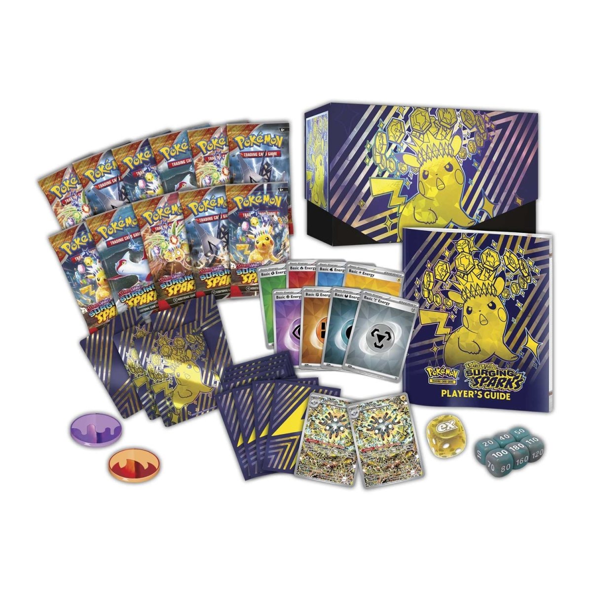 Pokémon trading card game set with cards, guidebook, and badges on a white background