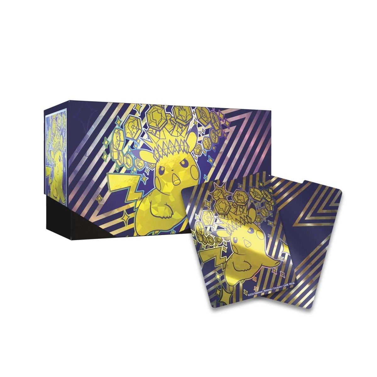 Pikachu-themed product packaging with geometric patterns on a white background