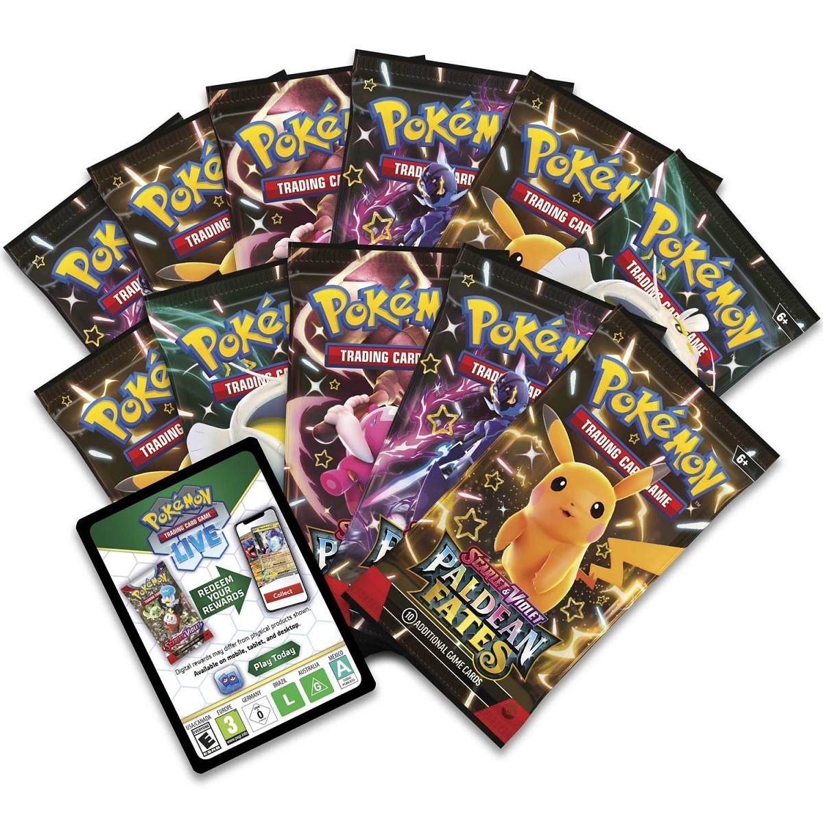 Collection of Pokémon trading card packs with a digital card on a white background