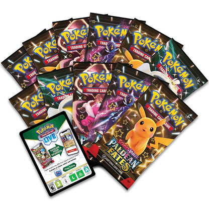 Collection of Pokémon trading card packs with a digital card on a white background