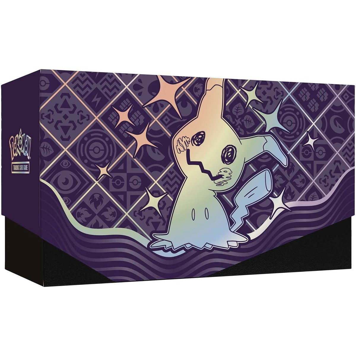 Cardboard box with a stylized ghost design on a purple patterned background