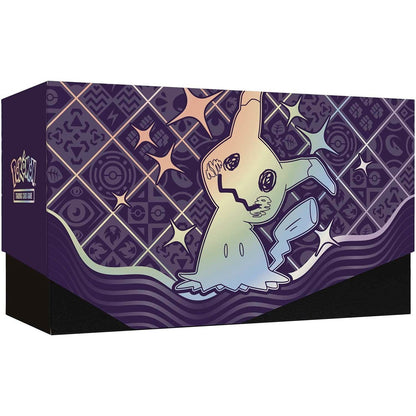 Cardboard box with a stylized ghost design on a purple patterned background