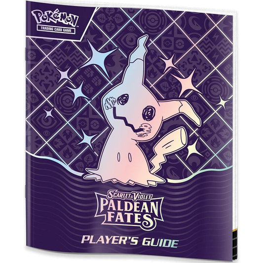Pokémon Paldean Fates Player's Guide with a character illustration on a purple background