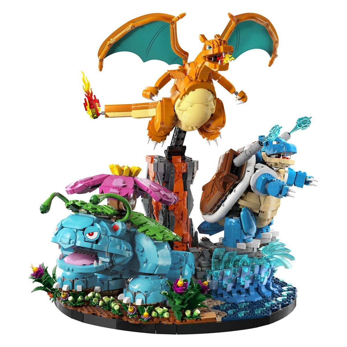 Toy figure set with a dragon, warrior, and creature on a white background
