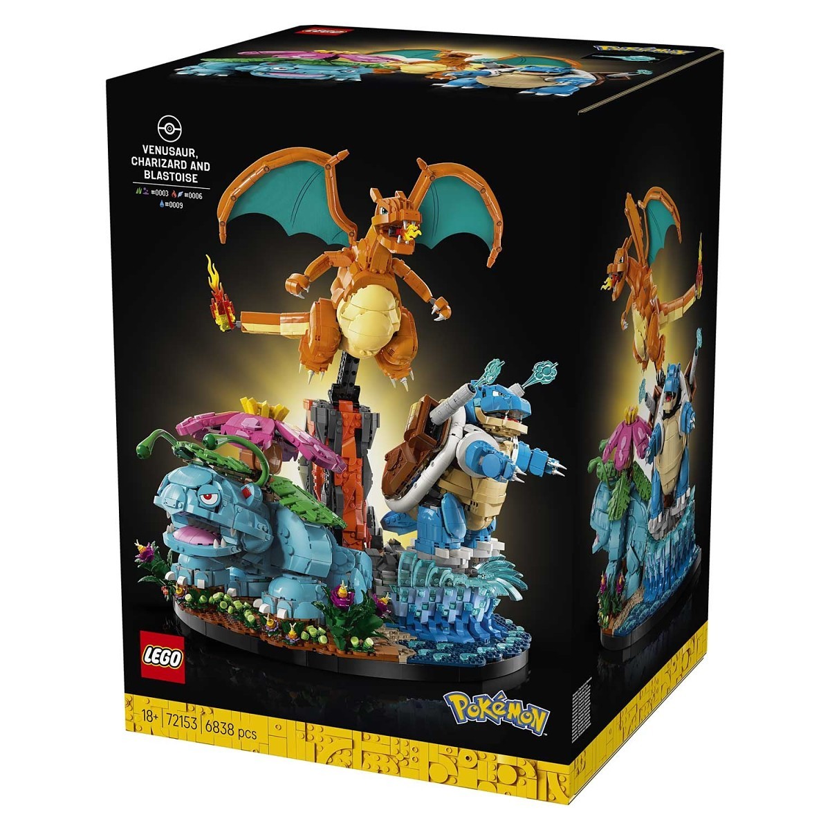 LEGO Pokemon set packaging with Charizard, Latias, and Blastoise figures on a black background.