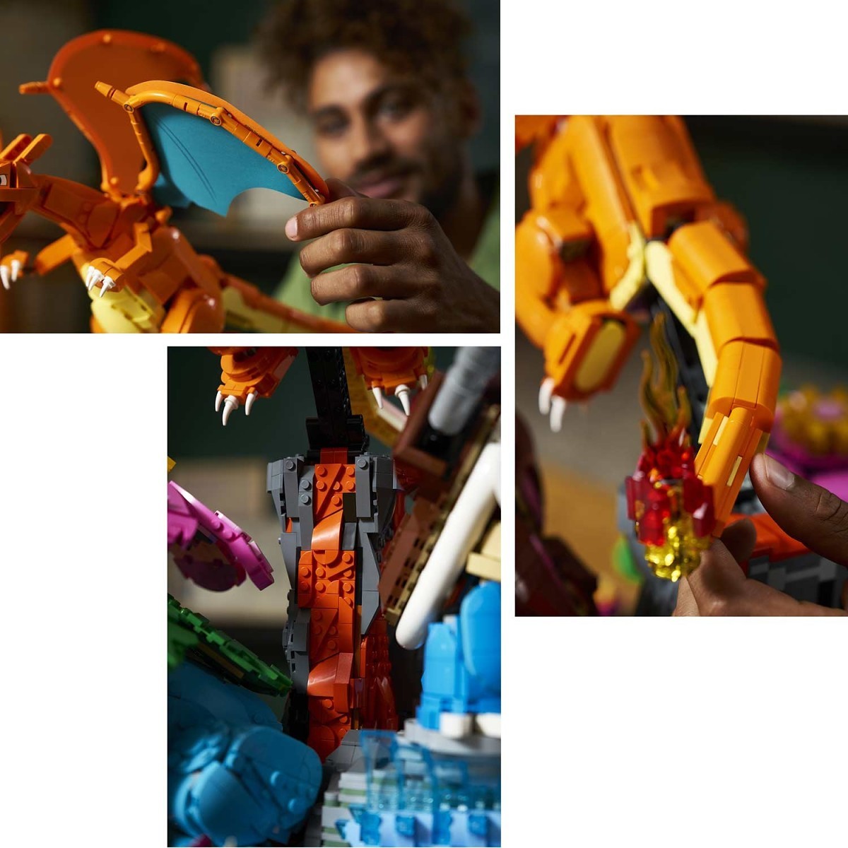 A collage of three photos showing a person building and playing with a colorful LEGO toy dragon. The top-left photo shows the person holding the assembled dragon, the top-right shows a close-up of the dragon's orange clawed foot, and the bottom-left shows the dragon standing in a built scene with blue water and other colorful bricks.