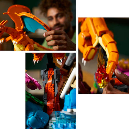 A collage of three photos showing a person building and playing with a colorful LEGO toy dragon. The top-left photo shows the person holding the assembled dragon, the top-right shows a close-up of the dragon's orange clawed foot, and the bottom-left shows the dragon standing in a built scene with blue water and other colorful bricks.