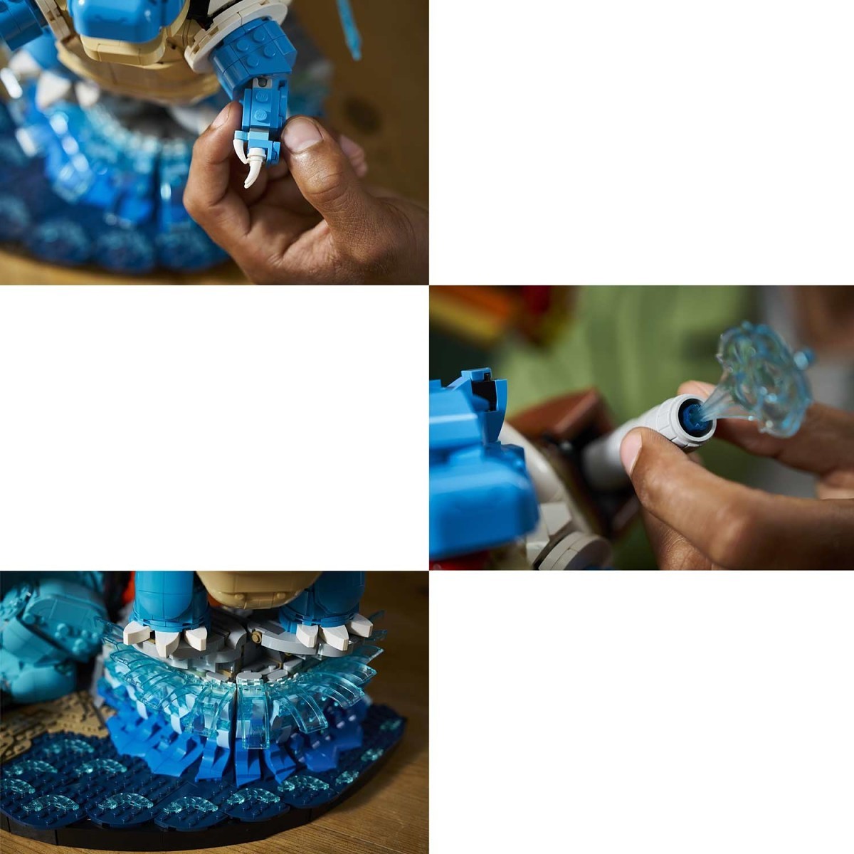 A four-panel collage showing hands assembling a blue and white toy structure, likely a LEGO-style wave or mechanical set, with translucent blue pieces and a beige top section.
