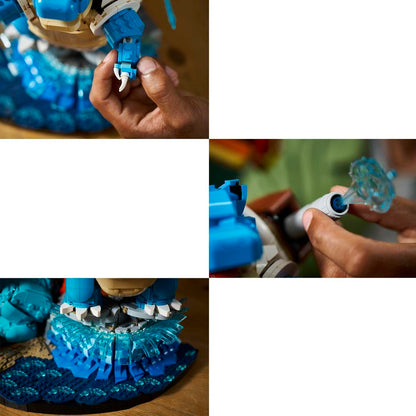 A four-panel collage showing hands assembling a blue and white toy structure, likely a LEGO-style wave or mechanical set, with translucent blue pieces and a beige top section.