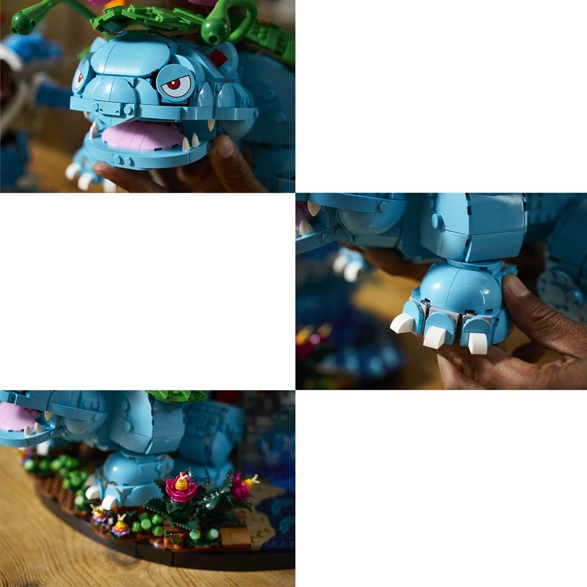 A four-panel collage showing a blue monster-style building block figure from different angles, held by hands over a wooden surface. The figure has green head details, red eyes, white teeth, and a small decorative base with colorful flowers and green beads.