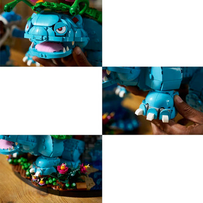 A four-panel collage showing a blue monster-style building block figure from different angles, held by hands over a wooden surface. The figure has green head details, red eyes, white teeth, and a small decorative base with colorful flowers and green beads.